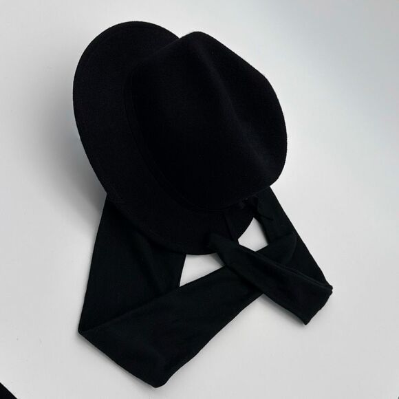 Vintage 1990s Black Wool Hat With Attached Scarf Women’s Medium Retro Winter Cap - Picture 7 of 14